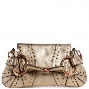 100% AUTHENTIC Gold GUCCI Calfskin Studded Horsebit clutch
